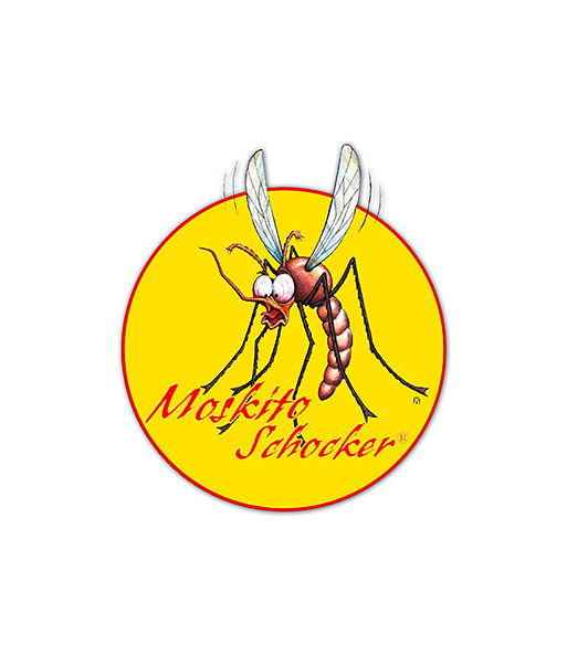 Kreisrundes Logo mit einer Stechmücke mit erschrockenem Gesichtsausdruck und dem Schriftzug: „Moskito-Schocker®“.